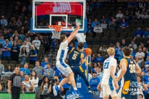 Creighton Bluejay Ryan Kalkbrenner (11) defends agaisnt UMKC during a college basketball game Saturday, November 16th, 2024 in Omaha Nebraska. Photo by Brandon Tiedemann.