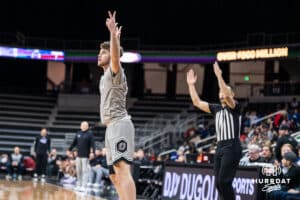 Omaha Mavericks Tony Osburn celebrates after a shot during a college basketball game on November 30th, 2024 in Omaha Nebraska. Photo by Brandon Tiedemann.