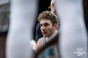 Omaha Mavericks Joshua Streit during a timeout in college basketball game on November 30th, 2024 in Omaha Nebraska. Photo by Brandon Tiedemann.