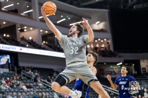 Omaha Mavericks Tony Osburn attempts a layup during a college basketball game on November 30th, 2024 in Omaha Nebraska. Photo by Brandon Tiedemann.