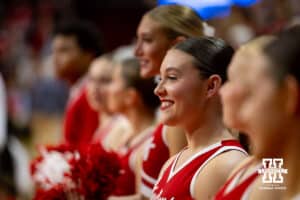 Nebraska Cornhuskers cheerleaders lined up before the match against the Florida A&M Rattlers during the first round of the NCAA volleyball tournament Friday, December 6, 2024, in Lincoln, Nebraska. Photo by John S. Peterson.