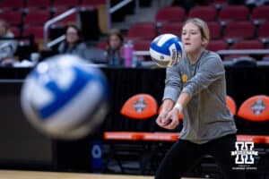 Pittsburgh Panthers Mallorie Meyer digs the ball during practice and media day of the NCAA championships Wednesday, December 18, 2024, in Louisville, Kentucky. Photo by John S. Peterson.