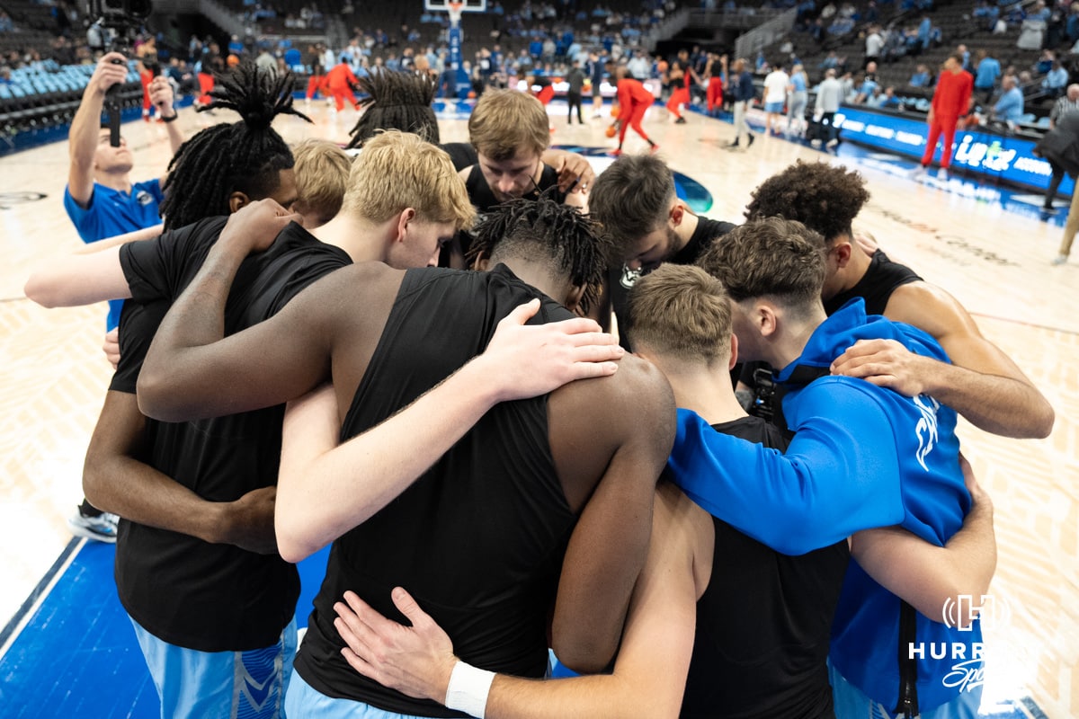 Creighton Bluejays huddling up before a college basketball game against St John's Red Storm on Tuesday, December 31, 2024, in Omaha, Nebraska. Photo by Brandon Tiedemann.