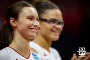 Nebraska Cornhuskers setter Bergen Reilly (2) waiting for introductions before taking on the Wisconsin Badgers during the final regional match in the NCAA championship Sunday, December 15, 2024, in Lincoln, Nebraska. Photo by John S. Peterson.