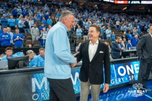 Creighton Bluejays head coach Greg McDermott and St Johns head coach Rick Pitino shake hands before a college basketball game Tuesday, December 31, 2024, in Omaha, Nebraska. Photo by Brandon Tiedemann.