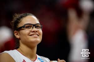 Nebraska Cornhuskers middle blocker Rebekah Allick (5) introduced before taking on the Wisconsin Badgers during the final regional match in the NCAA championship Sunday, December 15, 2024, in Lincoln, Nebraska. Photo by John S. Peterson.