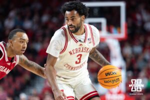 Nebraska Cornhuskers guard Brice Williams (3) dribbles the ball against the Indiana Hoosiers in the first half during a college basketball game Friday, December 13, 2024 in Lincoln, Nebraska. Photo by Jaelle Johnson.