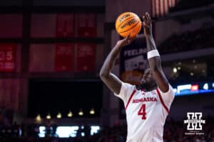 Nebraska Cornhuskers forward Juwan Gary (4) makes a three-point shot against the North Florida Ospreys in the first half during a college basketball game Sunday, December 1, 2024, in Lincoln, Nebraska. Photo by John S. Peterson.