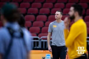 Dan Fisher head coach of the Pittsburgh Panthers blowing a bubble during practice for the NCAA championships Wednesday, December 18, 2024, in Louisville, Kentucky. Photo by John S. Peterson.