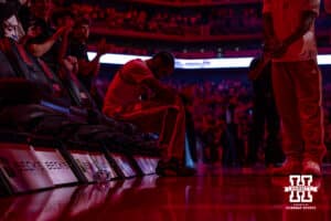 Nebraska Cornhuskers guard Brice Williams (3) waiting for his introduction during college basketball game against the Southern University Jaguars, Monday, December 30, 2024, in Lincoln, Nebraska. Photo by John S. Peterson.