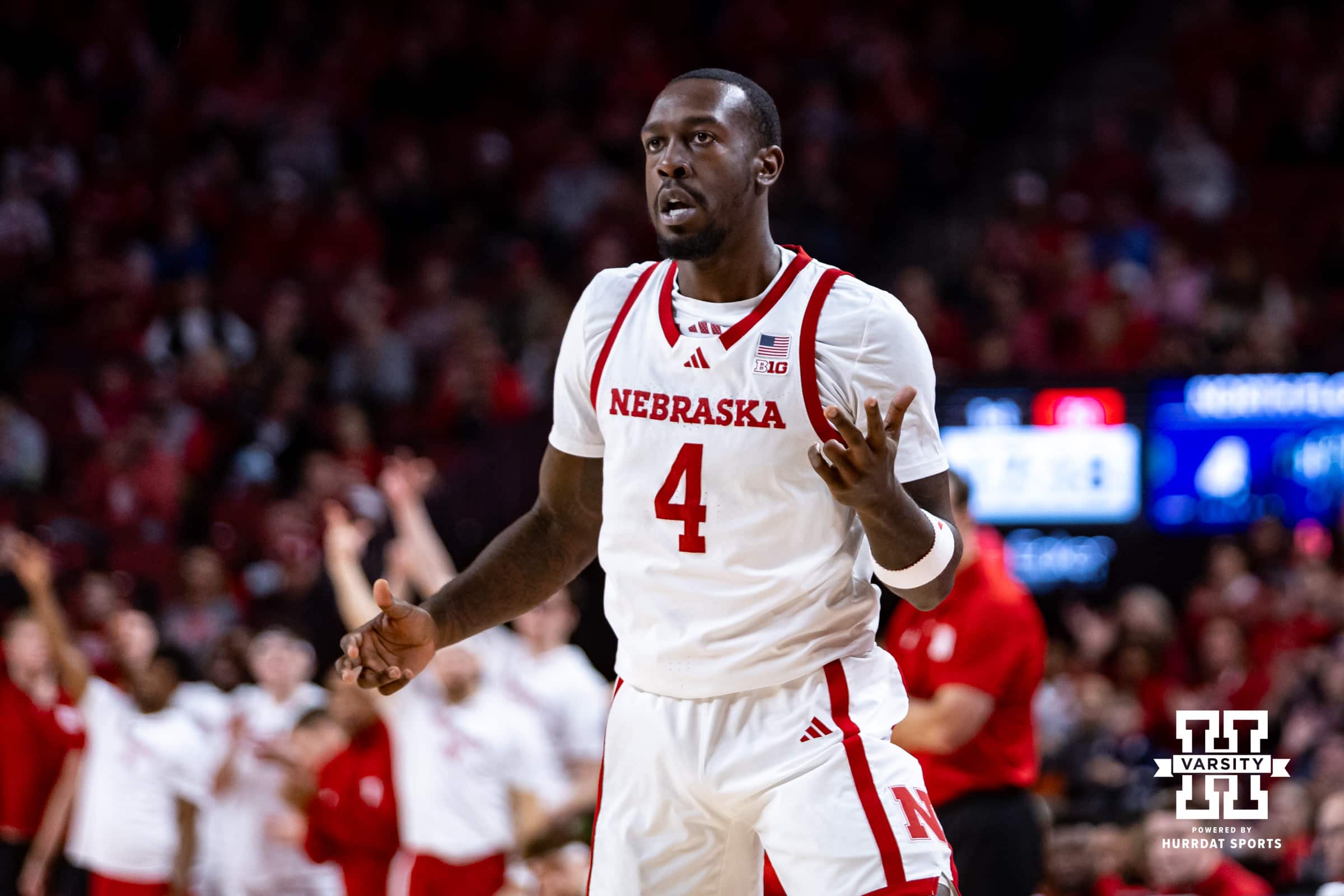 Nebraska Cornhuskers forward Juwan Gary (4) holding up three fingers after making a three-point shot against the North Florida Ospreys in the first half during a college basketball game Sunday, December 1, 2024, in Lincoln, Nebraska. Photo by John S. Peterson.