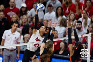 Nebraska Cornhuskers outside hitter Harper Murray (27) spikes the ball against the Miami Hurricanes in the first set during the second round of the NCAA volleyball tournament Saturday, December 7, 2024, in Lincoln, Nebraska. Photo by John S. Peterson.