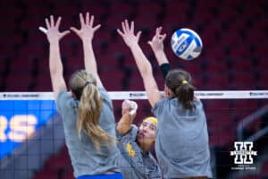 Pittsburgh Panters Valeria Vazquez Gomez spikes the ball during practice at the NCAA championships Wednesday, December 18, 2024, in Louisville, Kentucky. Photo by John S. Peterson.