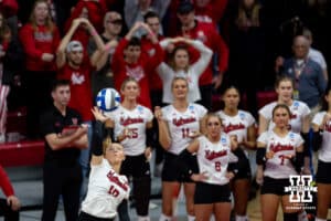 Nebraska Cornhuskers defensive specialist Olivia Mauch (10) serves the ball against the Miami Hurricanes during the second round of the NCAA volleyball tournament Saturday, December 7, 2024, in Lincoln, Nebraska. Photo by John S. Peterson.