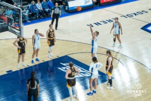 Creighton Bluejays Morgan Maly shoots a free-throw during a college basketball game against the Wyoming Cowgirls on December 17th, 2024 in Omaha Nebraska. Photo by Brandon Tiedemann.