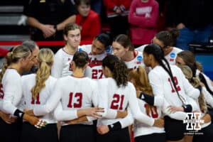 Nebraska Cornhuskers outside hitter Lindsay Krause (22) looks from the huddle before taking on the Florida A&M Rattlers during the first round of the NCAA volleyball tournament Friday, December 6, 2024, in Lincoln, Nebraska. Photo by John S. Peterson.