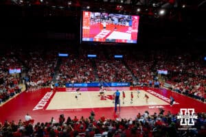 Nebraska Cornhuskers takes on the Dayton Flyers in front of a packed Devaney Sports Center during the first regional match in the NCAA championship Friday, December 13, 2024, in Lincoln, Nebraska. Photo by John S. Peterson.