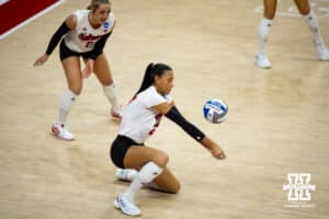 Nebraska Cornhuskers outside hitter Harper Murray (27) digs the ball against the Wisconsin Badgers in the first set during the final regional match in the NCAA championship Sunday, December 15, 2024, in Lincoln, Nebraska. Photo by John S. Peterson.