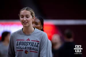 Louisville Cardinals setter Elle Glock (5) working on drills during practice and media day of the NCAA championships Wednesday, December 18, 2024, in Louisville, Kentucky. Photo by John S. Peterson.