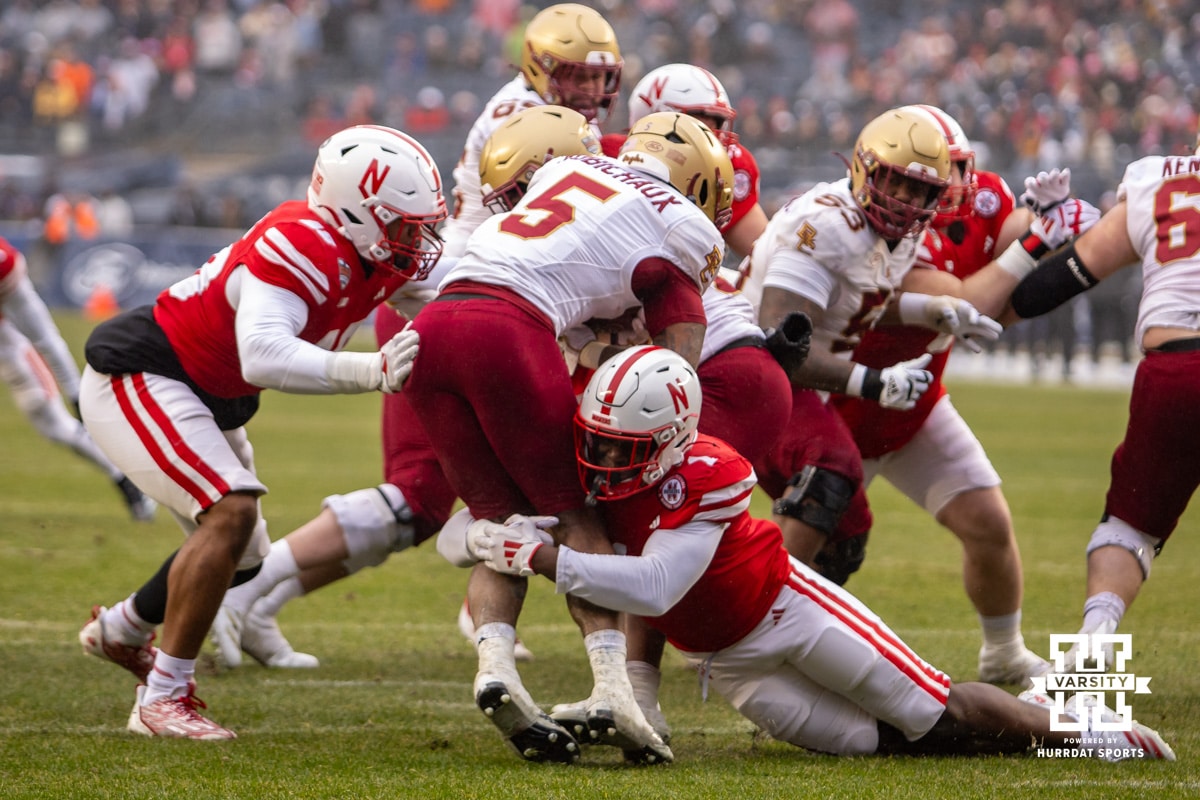 Nebraska Cornhuskers linebacker Vincent Shavers Jr. (1) tackles Boston College Eagles running back Kye Robichaux (5) during the Pinstripe Bowl game, Saturday, December 28, 2024, in New York, New York. Photo by John S. Peterson.