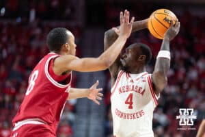 Nebraska Cornhuskers forward Juwan Gary (4) keeps the ball away from Indiana Hoosiers forward Bryson Tucker (8) in the first half during a college basketball game Friday, December 13, 2024 in Lincoln, Nebraska. Photo by Jaelle Johnson.