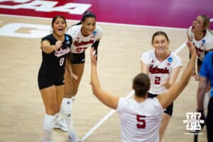 Nebraska Cornhuskers celebrates a score from Rebekah Allick against the Wisconsin Badgers during the final regional match in the NCAA championship Sunday, December 15, 2024, in Lincoln, Nebraska. Photo by John S. Peterson.