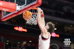 Nebraska Cornhuskers forward Andrew Morgan (23) dunks the ball against the Indiana Hoosiers during a college basketball game Friday, December 13, 2024 in Lincoln, Nebraska. Photo by Jaelle Johnson.