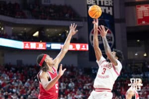 Nebraska Cornhuskers guard Brice Williams (3) shots a jumpshot over Indiana Hoosiers forward Malik Reneau (5) in the first half during a college basketball game Friday, December 13, 2024 in Lincoln, Nebraska. Photo by Jaelle Johnson.