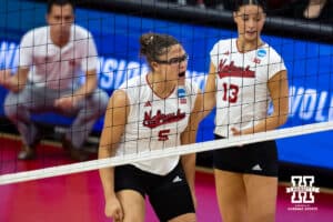 Nebraska Cornhuskers middle blocker Rebekah Allick (5) celebrates a point against the Miami Hurricanes during the second round of the NCAA volleyball tournament Saturday, December 7, 2024, in Lincoln, Nebraska. Photo by John S. Peterson.