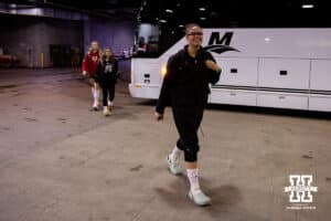 Nebraska Cornhuskers Rebekah Allick arrives at the KFC Yum! Arena for practice and media day at the NCAA championships Wednesday, December 18, 2024, in Louisville, Kentucky. Photo by John S. Peterson.