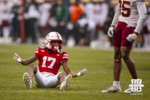 Nebraska Cornhuskers wide receiver Jacory Barney Jr. (17) reacts to being held when trying to make a catch against Boston College Eagles defensive back Ashton McShane (35) during the Pinstripe Bowl game, Saturday, December 28, 2024, in New York, New York. Photo by John S. Peterson.