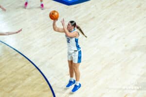 Creighton Bluejays Kennedy Townsend shoots a three pointer during a college basketball game against the Wyoming Cowgirls on December 17th, 2024 in Omaha Nebraska. Photo by Brandon Tiedemann.