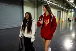 Nebraska Cornhuskers Lexi Rodriguez, and Merritt Beason arrives at the KFC Yum! Arena for practice and media day at the NCAA championships Wednesday, December 18, 2024, in Louisville, Kentucky. Photo by John S. Peterson.