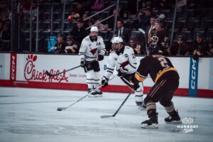 UNO Mavericks player, Chase LaPinta, looks for an open teammate during a college hockey game on Dec 29, 2024 in Omaha, Nebraska. Photo by Logan Hock