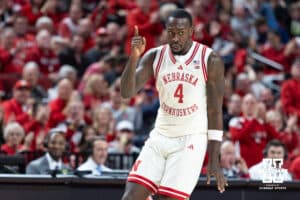 Nebraska Cornhuskers forward Juwan Gary (4) celebrates a basket against the Indiana Hoosiers during a college basketball game Friday, December 13, 2024 in Lincoln, Nebraska. Photo by Jaelle Johnson.