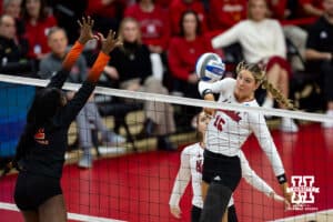 Nebraska Cornhuskers middle blocker Andi Jackson (15) spikes the ball against the Florida A&M Rattlers in the second set during the first round of the NCAA volleyball tournament Friday, December 6, 2024, in Lincoln, Nebraska. Photo by John S. Peterson.