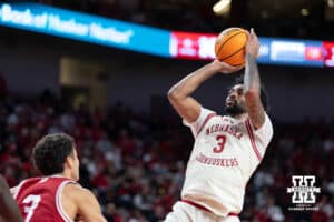 Nebraska Cornhuskers guard Brice Williams (3) shoots a jumper against Indiana Hoosiers guard Anthony Leal (3) in the first half during a college basketball game Friday, December 13, 2024 in Lincoln, Nebraska. Photo by Jaelle Johnson.