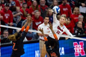 Nebraska Cornhuskers middle blocker Andi Jackson (15) spikes the ball against Florida A&M Rattlers in the second set during the first round of the NCAA volleyball tournament Friday, December 6, 2024, in Lincoln, Nebraska. Photo by John S. Peterson.