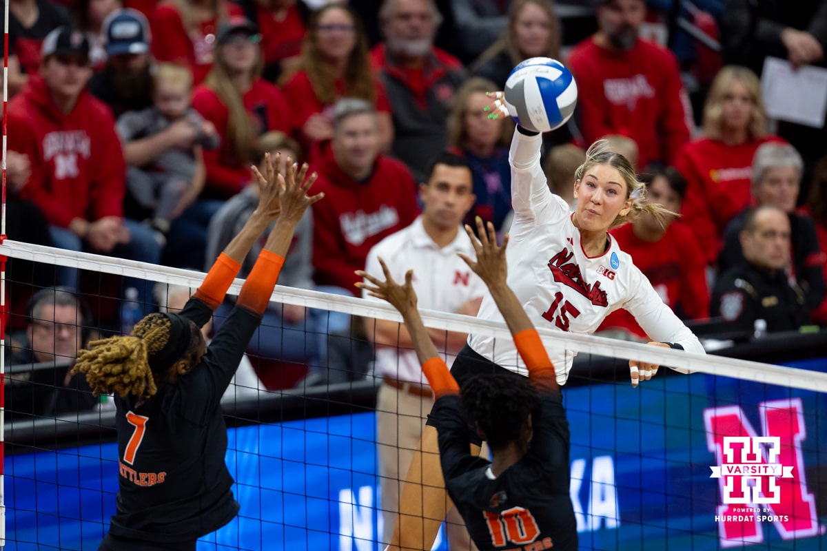 Nebraska Cornhuskers middle blocker Andi Jackson (15) spikes the ball against Florida A&M Rattlers in the second set during the first round of the NCAA volleyball tournament Friday, December 6, 2024, in Lincoln, Nebraska. Photo by John S. Peterson.