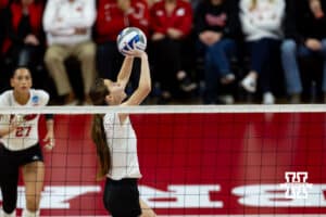 Nebraska Cornhuskers setter Bergen Reilly (2) sets the ball against the Miami Hurricanes during the second round of the NCAA volleyball tournament Saturday, December 7, 2024, in Lincoln, Nebraska. Photo by John S. Peterson.