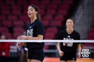 Nebraska Cornhuskers outside hitter Merritt Beason warming up during practice at the NCAA championships Wednesday, December 18, 2024, in Louisville, Kentucky. Photo by John S. Peterson.