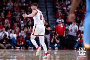 Nebraska Cornhuskers guard Connor Essegian (0) runs down the court after making a three against the Southern University Jaguars in the first half during college basketball game, Monday, December 30, 2024, in Lincoln, Nebraska. Photo by John S. Peterson.