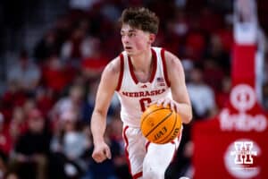 Nebraska Cornhuskers guard Connor Essegian (0) brings the ball down the court against the North Florida Ospreys in the first half during a college basketball game Sunday, December 1, 2024, in Lincoln, Nebraska. Photo by John S. Peterson.