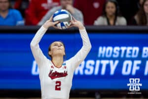 Nebraska Cornhuskers setter Bergen Reilly (2) sets the ball against the Florida A&M Rattlers in the second set during the first round of the NCAA volleyball tournament Friday, December 6, 2024, in Lincoln, Nebraska. Photo by John S. Peterson.