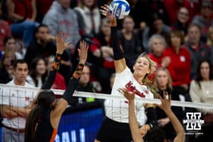 Nebraska Cornhuskers middle blocker Andi Jackson (15) spikes the ball against the Miami Hurricanes in the second set during the second round of the NCAA volleyball tournament Saturday, December 7, 2024, in Lincoln, Nebraska. Photo by John S. Peterson.