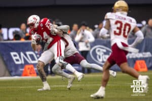 Nebraska Cornhuskers tight end Thomas Fidone II (24) runs with the ball against the Boston College Eagles during the Pinstripe Bowl game, Saturday, December 28, 2024, in New York, New York. Photo by John S. Peterson.