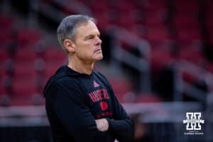 Nebraska Cornhuskers head coach John Cook watching the action on the court during practice at the NCAA championships Wednesday, December 18, 2024, in Louisville, Kentucky. Photo by John S. Peterson.