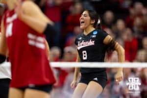 Nebraska Cornhuskers libero Lexi Rodriguez (8) celebrates against the Wisconsin Badgers in the second set during the final regional match in the NCAA championship Sunday, December 15, 2024, in Lincoln, Nebraska. Photo by John S. Peterson.