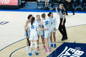 Creighton Bluejays after a foul during a college basketball game against Wyoming Cowgirls on December 17th, 2024 in Omaha Nebraska. Photo by Brandon Tiedemann.