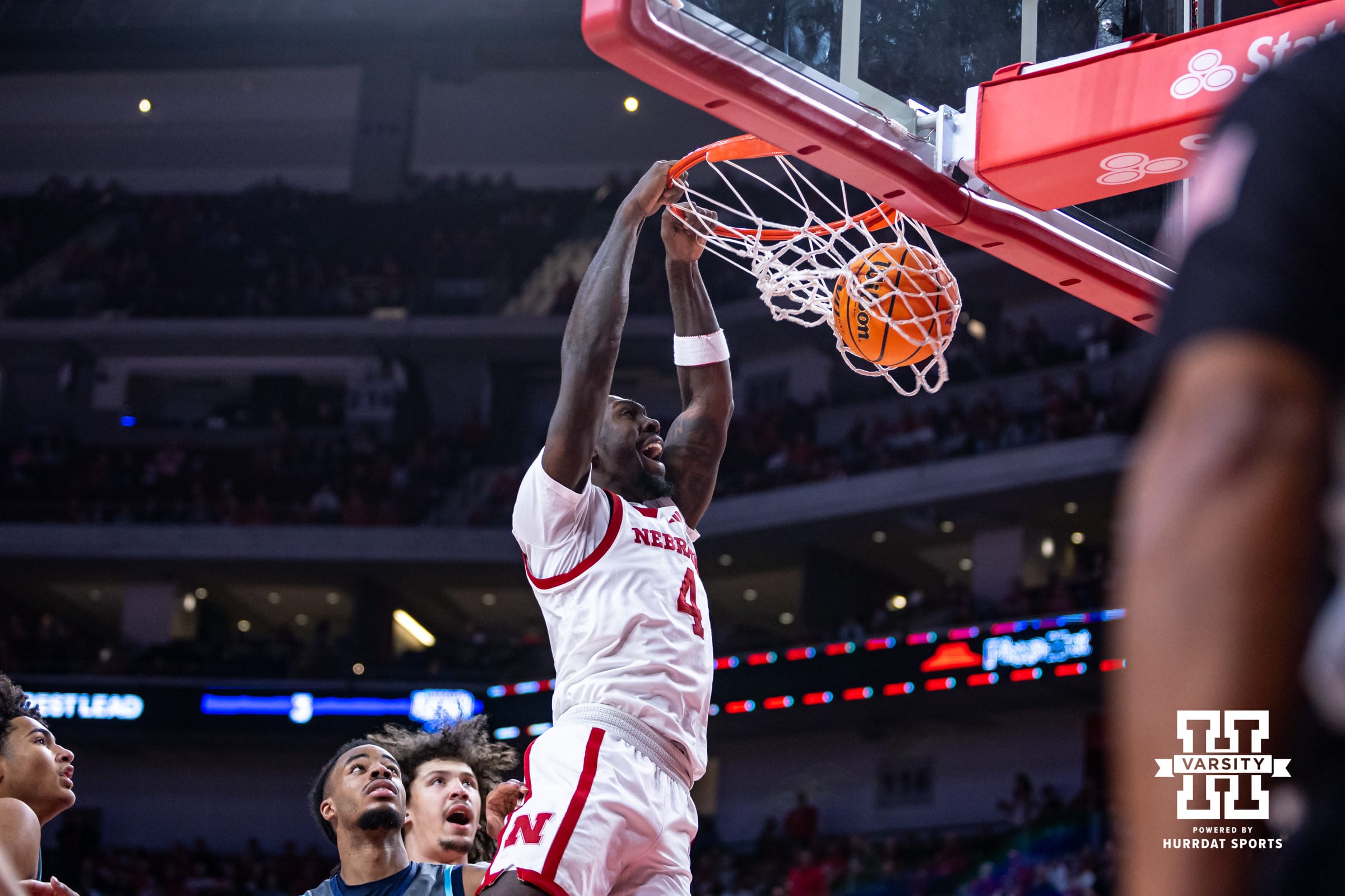 Nebraska Cornhuskers forward Juwan Gary (4) makes a dunk against the North Florida Ospreys in the second half during a college basketball game Sunday, December 1, 2024, in Lincoln, Nebraska. Photo by John S. Peterson.